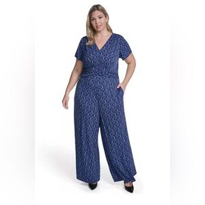 Vince Camuto Women's Blue V-Neck Twisted Front Wide-Leg Jumpsuit Plus Size 2X